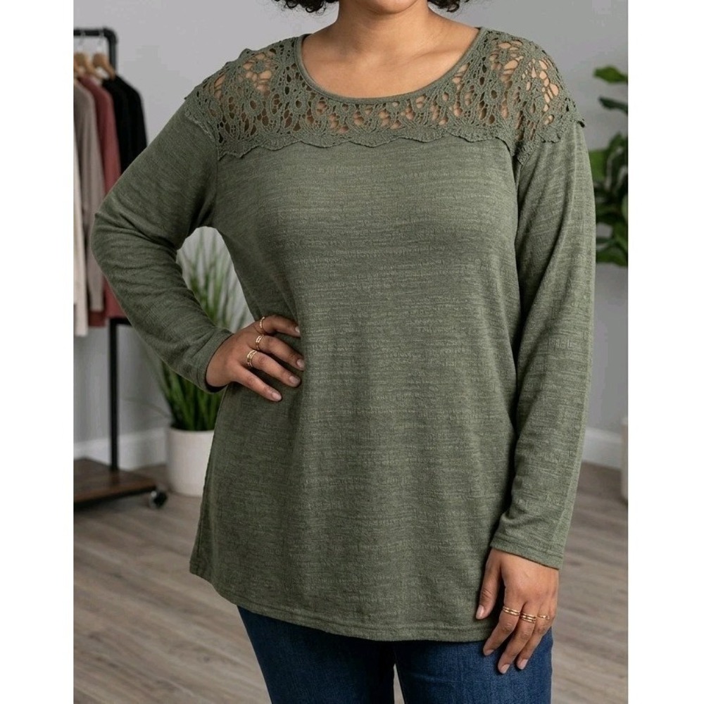 Umgee Top Plus Size 2XL Olive Green Crochet Lace Long Sleeve